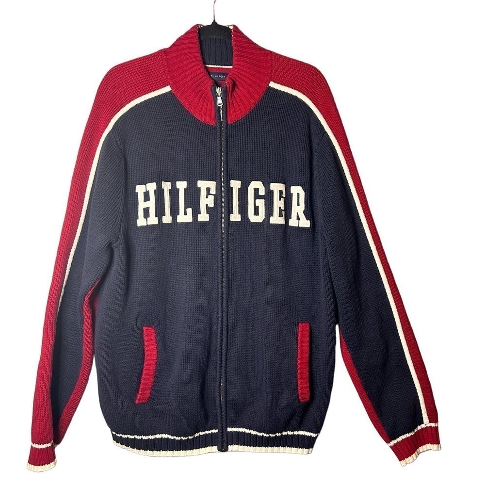 Tommy Hilfiger Sweater Mens Large Blue Red Embroidered Spell‎ Out Full Zip VTG